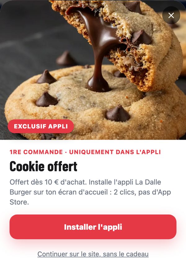 Capture d'écran réelle : l'appli propose un cookie offert à la première commande